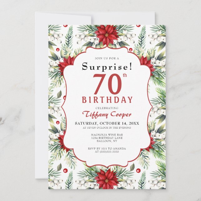 Invitation Hiver Poinsettia Surprise 70e fête d'anniversaire (Devant)