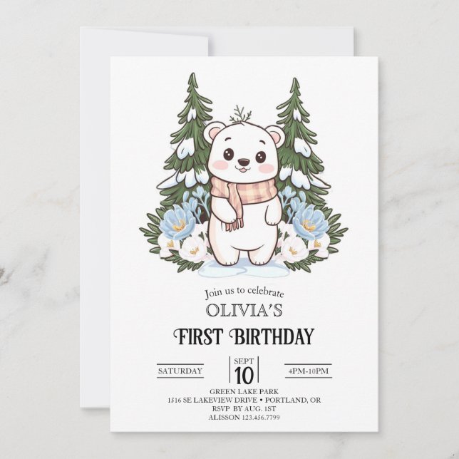 Invitation Hiver Pretty Polar Bear 1er Anniversaire numérique (Devant)