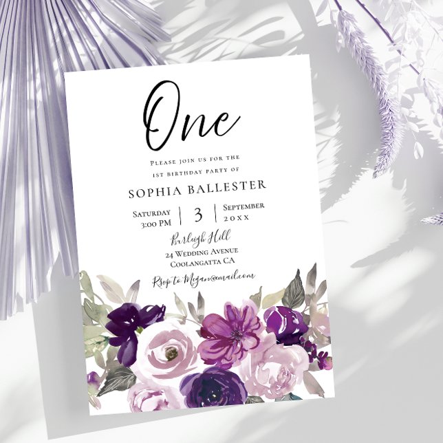 Invitation Hiver Purple Lavande Florale 1er anniversaire fête (Créateur téléchargé)