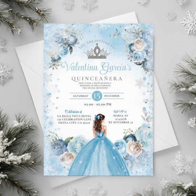 Invitation Hiver Quinceañera Snowflakes Dusty Blue Crown (Créateur téléchargé)
