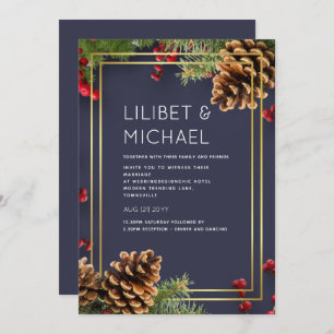 Invitation Hiver Red Berries Pine Cones Mariage