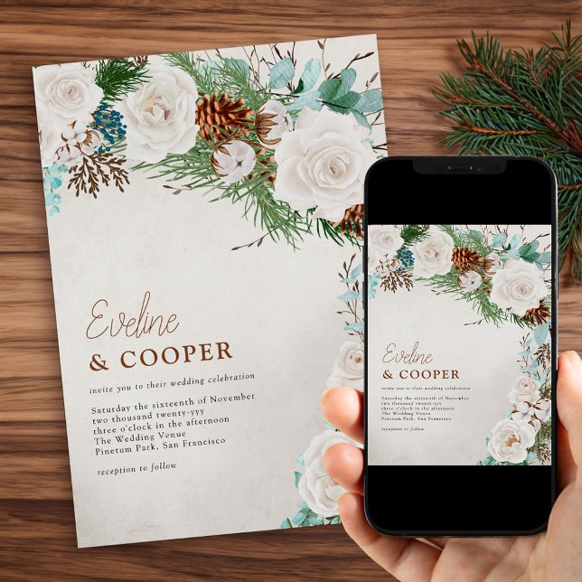 Invitation Hiver Rose blanche et Mariage de cône de pin (Winter Wedding Invitation with Pine Eucalyptus and White Roses. Order Printed or Printable Download.)