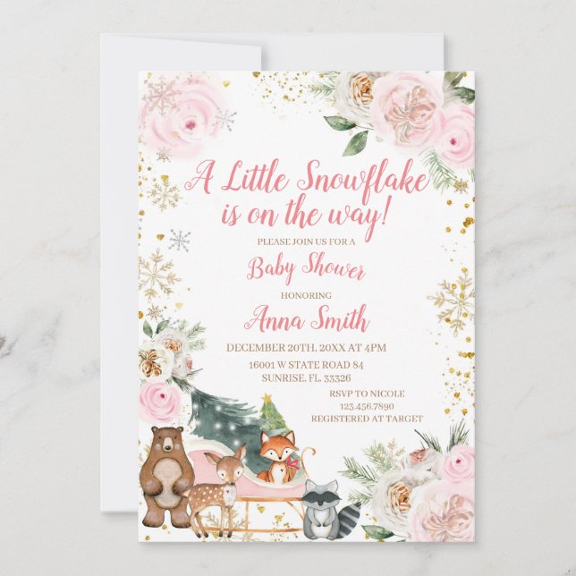 Invitation Hiver ROSE Un petit flocon de neige est en route (Devant)