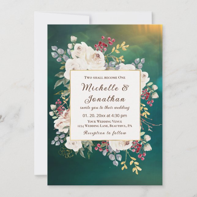 Invitation Hiver Roses blanches sur Mariage chrétien vert (Devant)