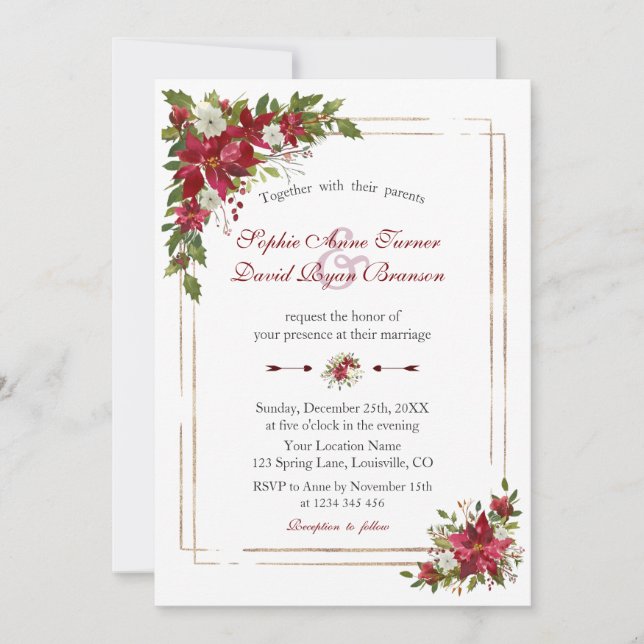 Invitation Hiver Rouge blanc Poinsettia Rose Mariage or (Devant)