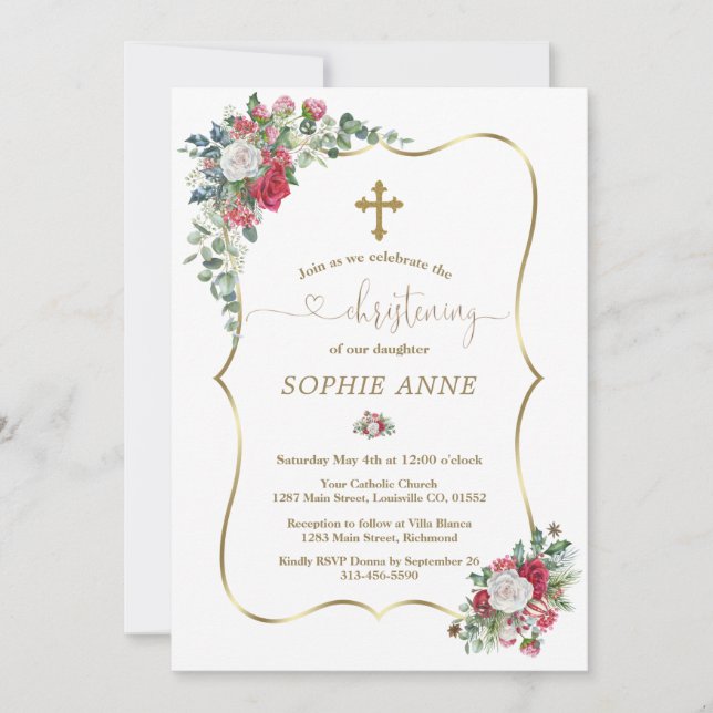 Invitation Hiver Rouge Fleurs blanches Gold Girl Christening (Devant)