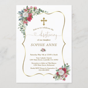 Invitation Hiver Rouge Fleurs blanches Gold Girl Christening