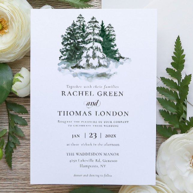 Invitation Hiver Russe Aquarelle Pins vert mariage (Winter Rustic Watercolor Green Pine trees wedding Invitation)