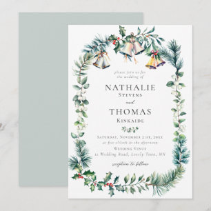 Invitation Hiver Rustic Botanique Wreath Bells Pine Mariage