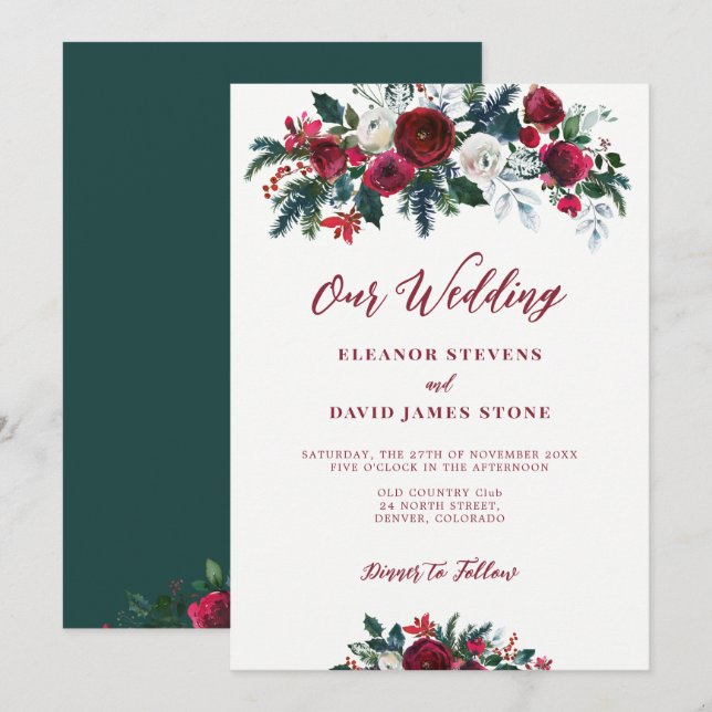 Invitation Hiver rustique bordeaux vert mariage (Devant / Derrière)