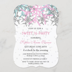 Invitation Hiver Silver Rose Blue Snowflakes SWEET 16