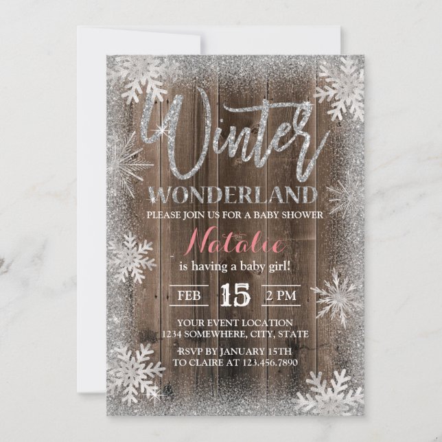 Invitation Hiver Silver Snowflakes Barre Baby shower en bois (Devant)