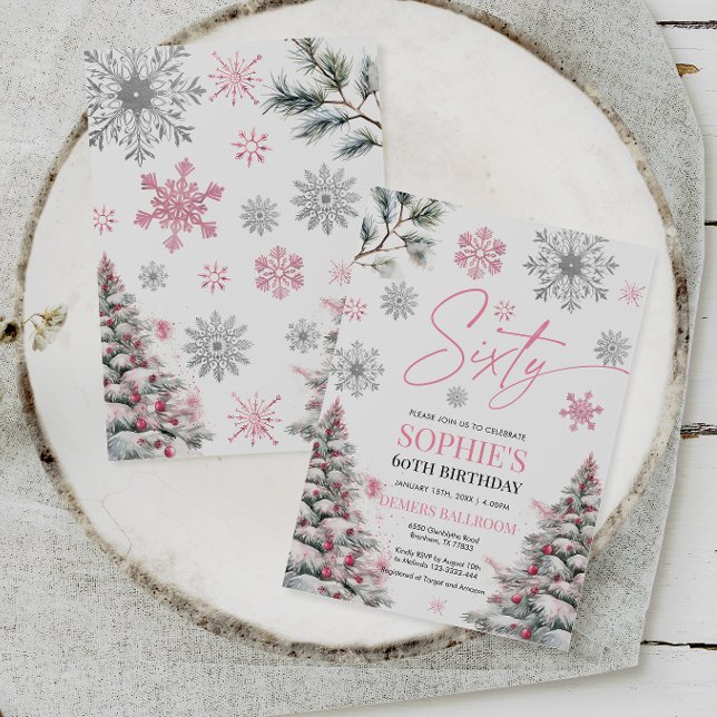 Invitation Hiver Soixante Anniversaire Invitation, rose et ar (Créateur téléchargé)