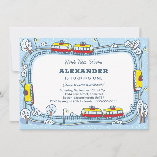 Invitation Hiver Street Trams Transport Enfants Anniversaire (Devant)