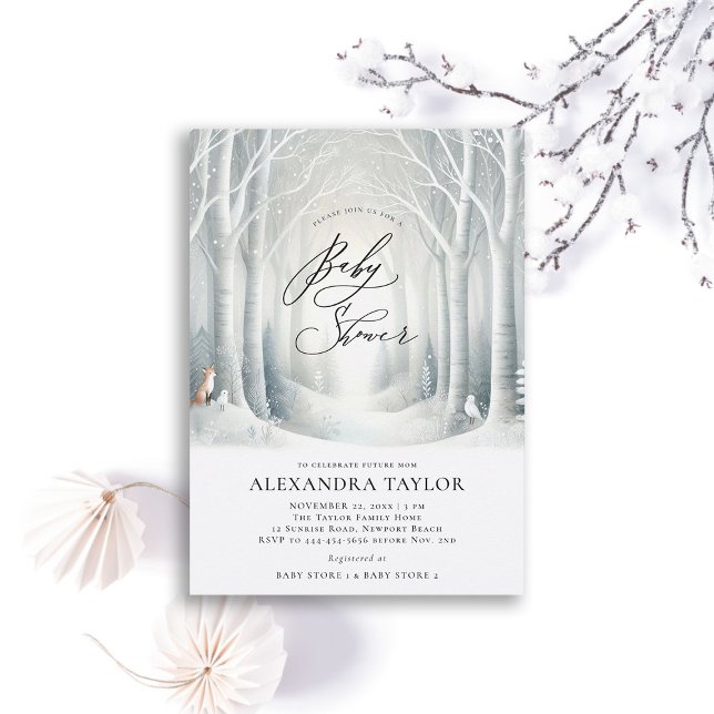 Invitation Hiver Sun Forest Woodland Fox Neutral Baby shower (winter baby shower invitation neutral white wonderland enchanted forest woodland fox birds snowy whi)
