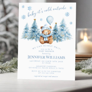 Invitation Hiver Teddy Bear Pine Snowflakes Bébé Fille Douche