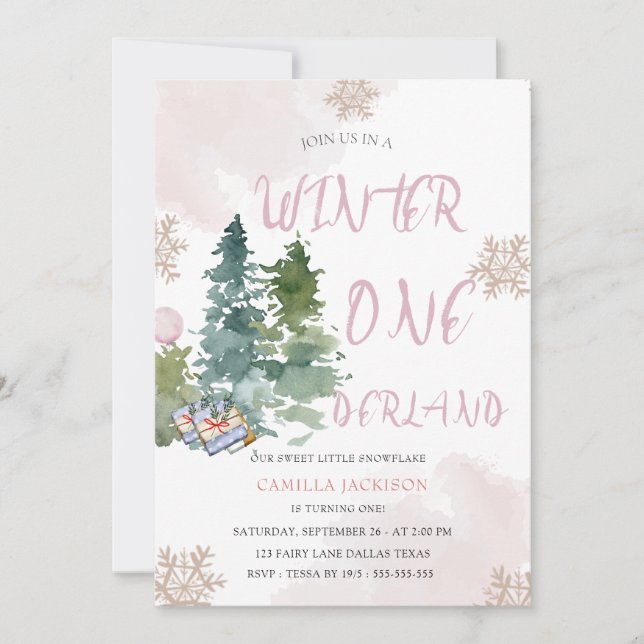 Invitation Hiver UN Derland Rose fille 1er anniversaire (Devant)