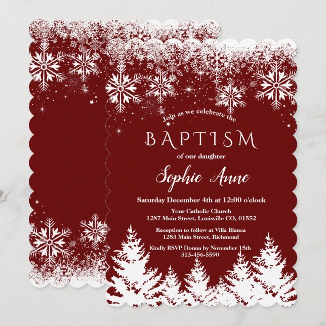 Invitation Hiver White Snowflakes Red Parties scintillant Gir (Devant / Derrière)