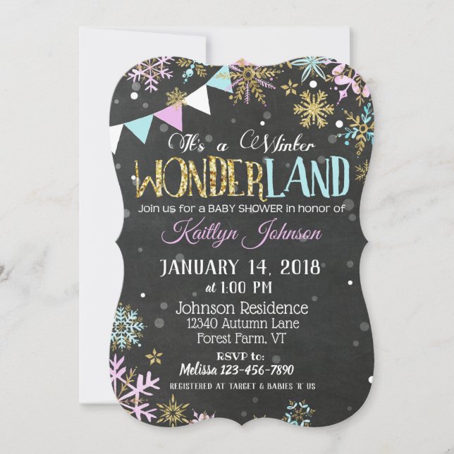 Invitation Hiver Wonderland Snowflake Chalkboard Baby shower (Devant)