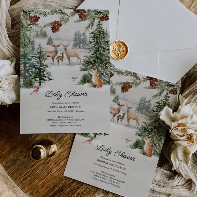 Invitation Hiver Woodland Wonderland Baby shower (Winter boho woodland baby shower)