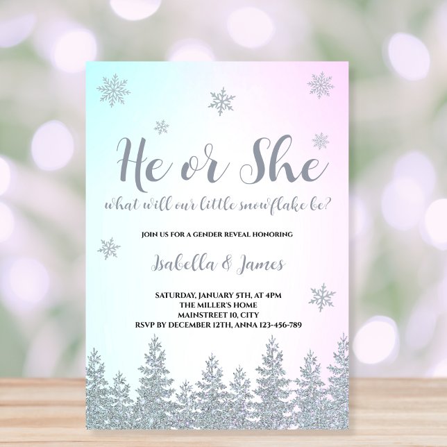Invitation Hivernal Genre Révéler Flocon de neige Lui ou elle (winter gender reveal invitation he or she snowflake pink or blue)