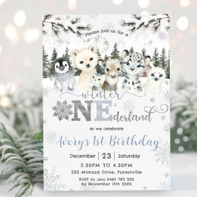 Invitation Hivernal Onederland Arctic Animaux Neige 1er anniv (Créateur téléchargé)