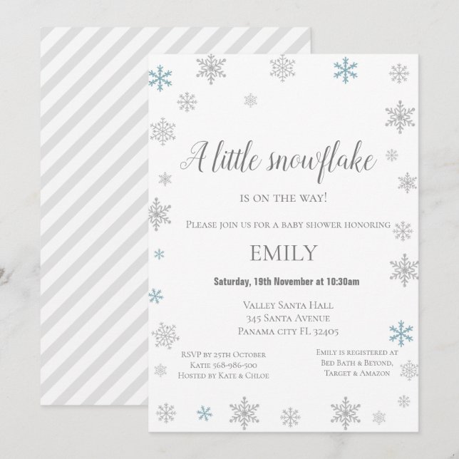 Invitation hivernale de Little Snowflake - Baby sh (Devant / Derrière)