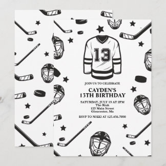 Invitation Hockey noir et blanc 13e anniversaire
