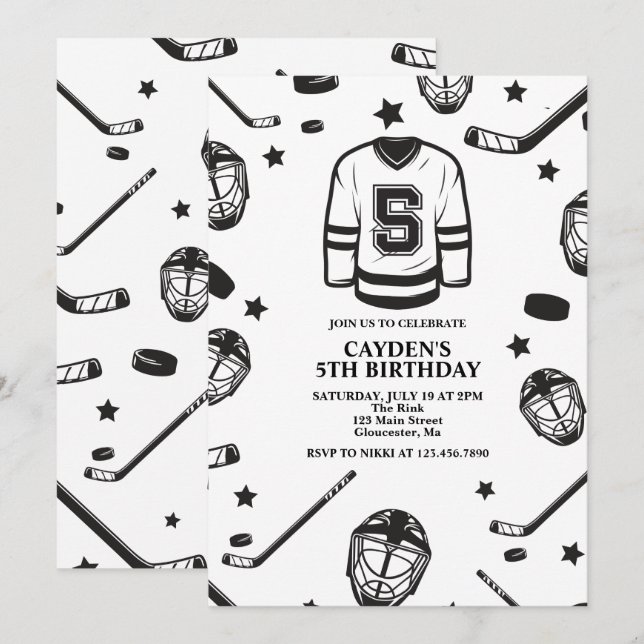 Invitation Hockey noir et blanc 5e anniversaire (Devant / Derrière)