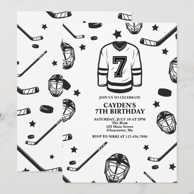 Invitation Hockey noir et blanc 7e anniversaire (Devant / Derrière)