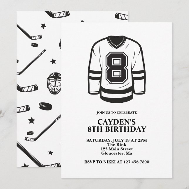 Invitation Hockey noir et blanc 8e anniversaire (Devant / Derrière)