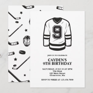 Invitation Hockey noir et blanc 9e anniversaire