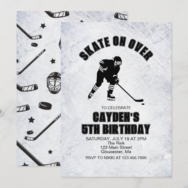 Invitation Hockey noir et blanc anniversaire (Devant / Derrière)