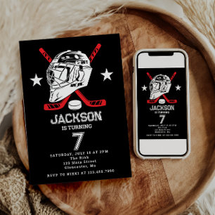 Invitation Hockey noir et blanc Anniversaire de enfant à thèm