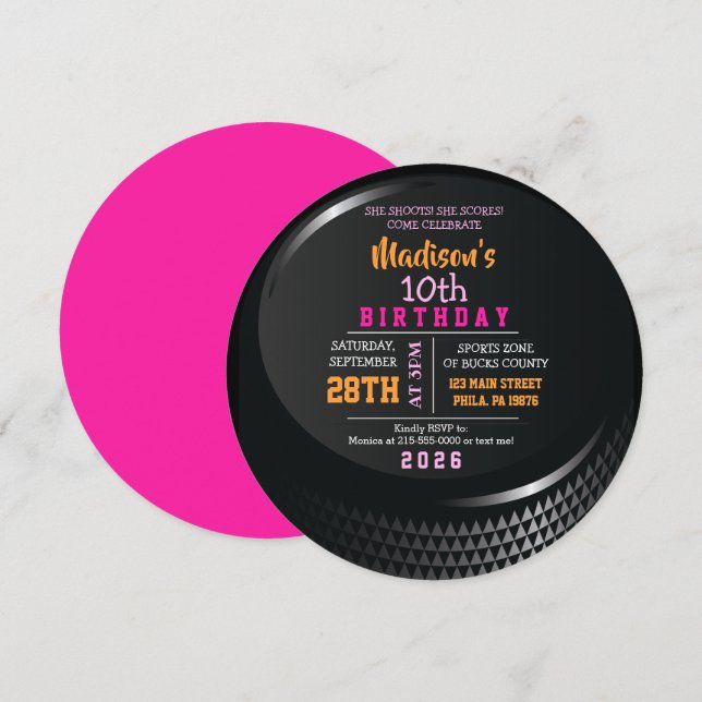 Invitation HOCKEY PUCK RONUND Girls Anniversaire Fête Invitat (Devant / Derrière)