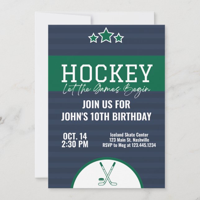 Invitation Hockey sur glace Anniversaire Bleu Green Stripe (Devant)