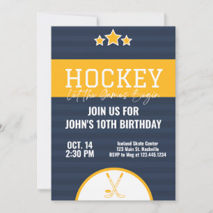Invitation Hockey sur glace Anniversaire Bleu Jaune Bande