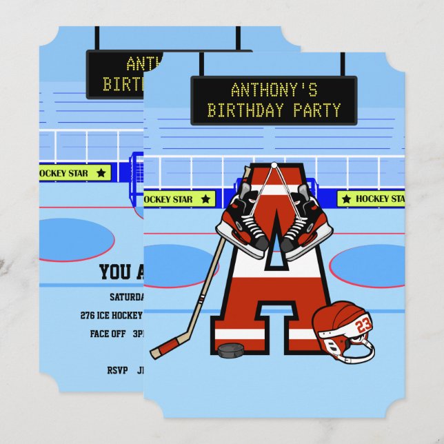 Invitation Hockey sur glace initial personnalisé (Devant / Derrière)