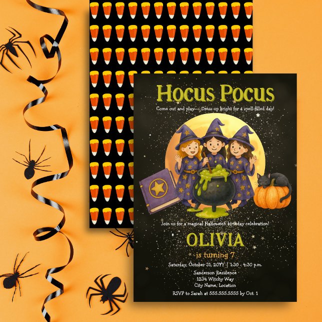 Invitation Hocus Pocus Halloween fête d'anniversaire (Hocus Pocus three little witches Halloween birthday party invitation in situ.)
