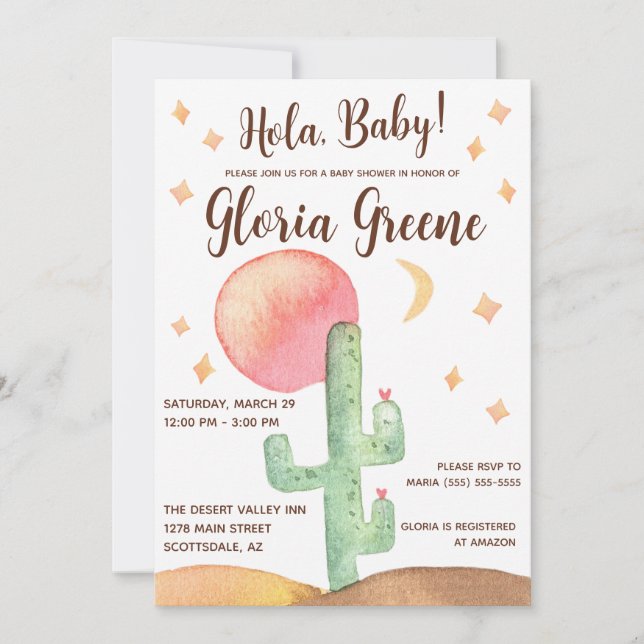 Invitation Hola Baby ! Baby shower Boho Cactus du désert (Devant)