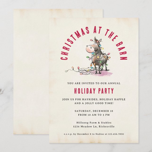 Invitation Holiday Christmas Barn Ranch Funny Pony Horse (Devant / Derrière)