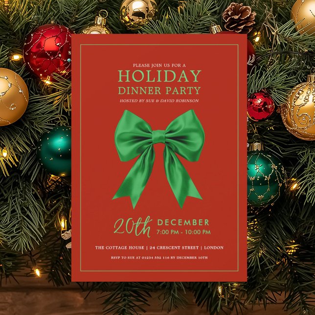 Invitation Holiday Dinner Party Green Satin Bow Red (Holiday Dinner Party Green Satin Bow Red Invitation)