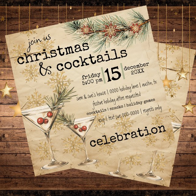 Invitation Holiday Martinis Rustic Pine et Fête des Snowflake (Christmas cocktails - rustic customizable party invitation with martinis and berries and pine)