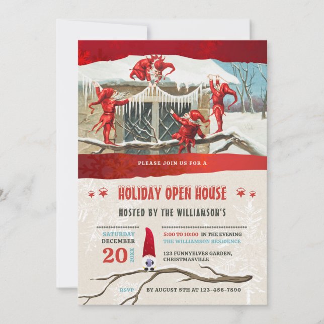 Invitation Holiday Open House Vintage Elves  (Devant)