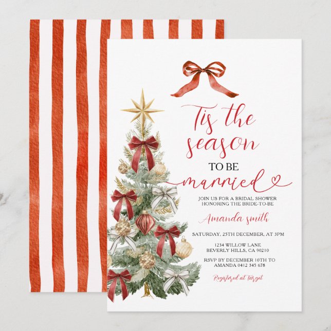 Invitation Holiday Red Bow Christmas Tree Couple Wedding (Devant / Derrière)
