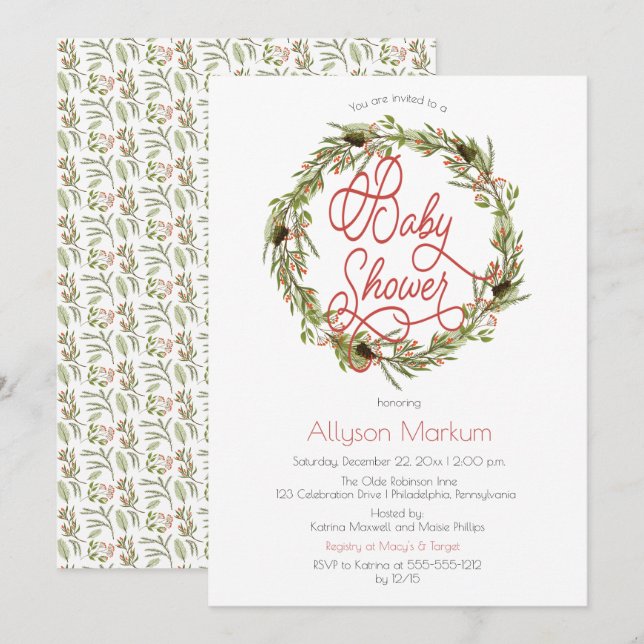 Invitation Holly | Berries Pine Wreath Baby shower de vacance (Devant / Derrière)