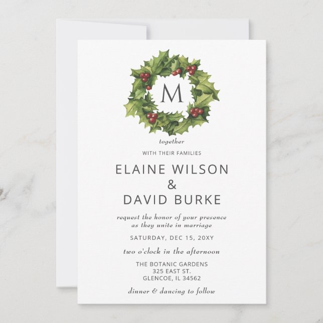 Invitation Holly Berries Wreath Monogramme Mariage hivernal (Devant)