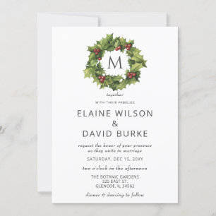 Invitation Holly Berries Wreath Monogramme Mariage hivernal