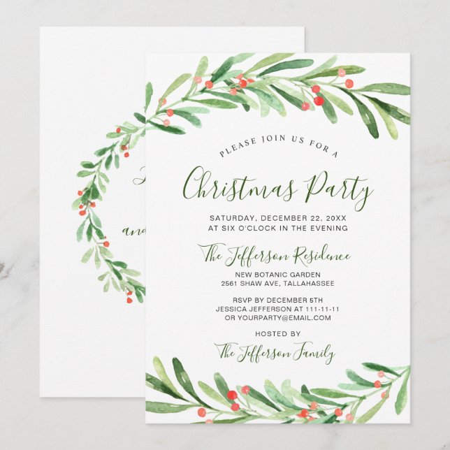 Invitation Holly Berry Branch Watercolor Noël Party (Devant / Derrière)