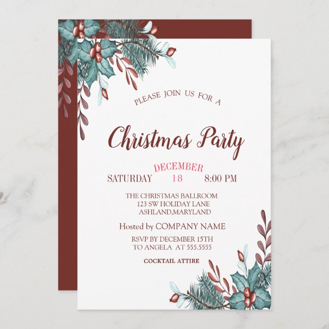 Invitation Holly Berry Branches Noël Compagnie (Devant / Derrière)